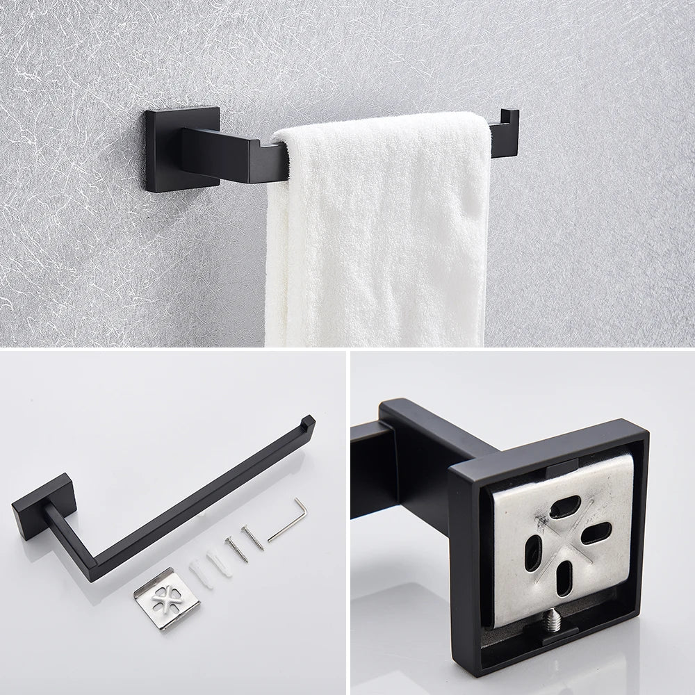 Bathroom Hardware Set Black Robe Hook Towel Rail Bar Shelf Tissue Paper Holder Wall Mounted Bathroom Accessories