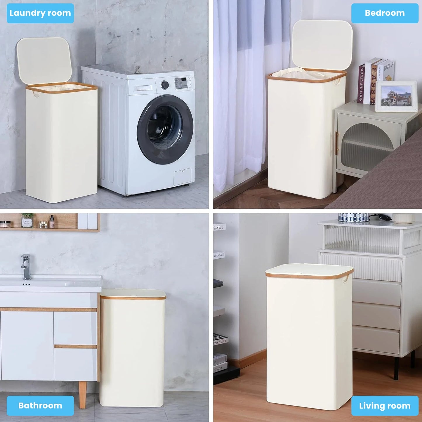 Laundry Baskets 100L, for Laundry With Removable and Washable Inner Bag, Slim Thin Laundry Basket With Lid and Bamboo Handle