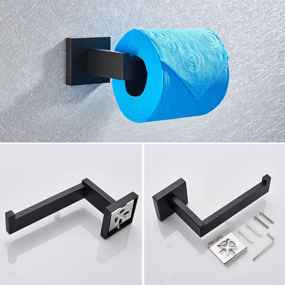 Bathroom Hardware Set Black Robe Hook Towel Rail Bar Shelf Tissue Paper Holder Wall Mounted Bathroom Accessories