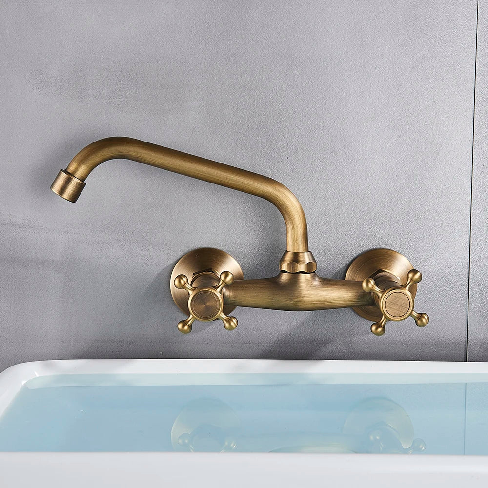 Antique Brass Basin Faucet Wall Mounted Bathroom Mixer Tap Hot Cold Sink Faucet 360 Rotation Spout ORB Black Kitchen Mixer Taps