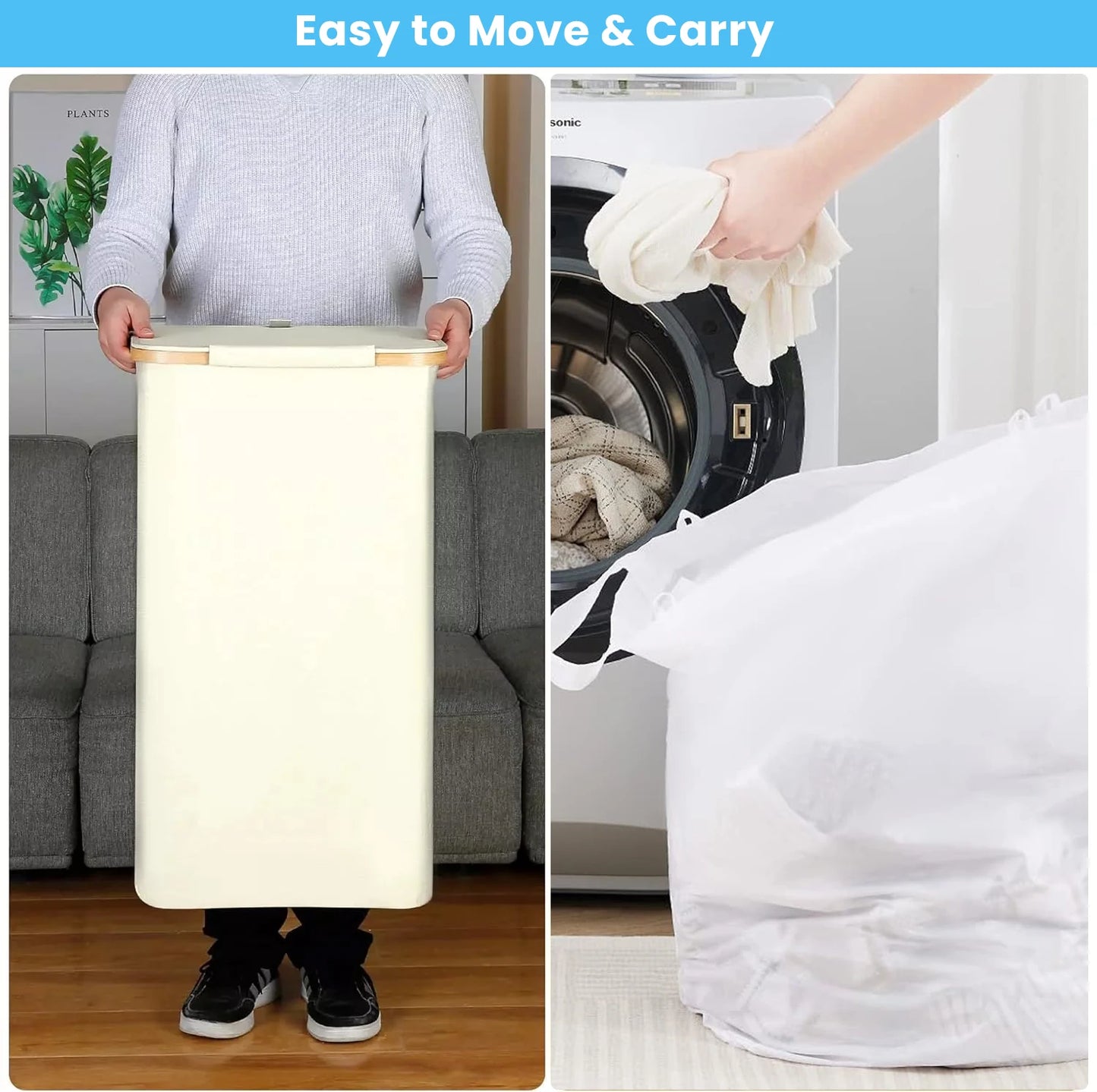 Laundry Baskets 100L, for Laundry With Removable and Washable Inner Bag, Slim Thin Laundry Basket With Lid and Bamboo Handle