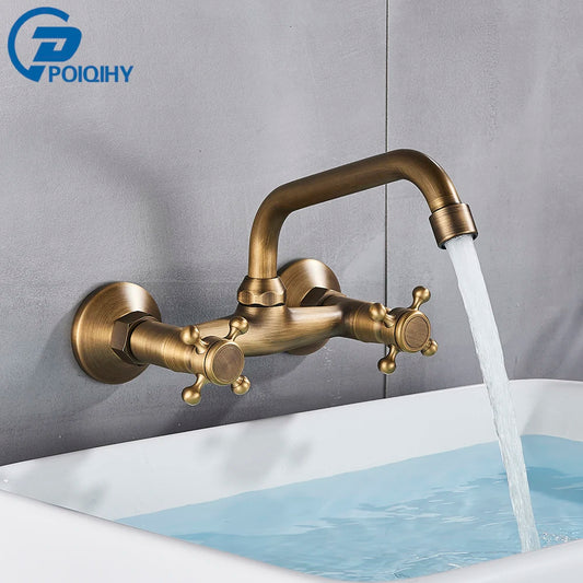 Antique Brass Basin Faucet Wall Mounted Bathroom Mixer Tap Hot Cold Sink Faucet 360 Rotation Spout ORB Black Kitchen Mixer Taps