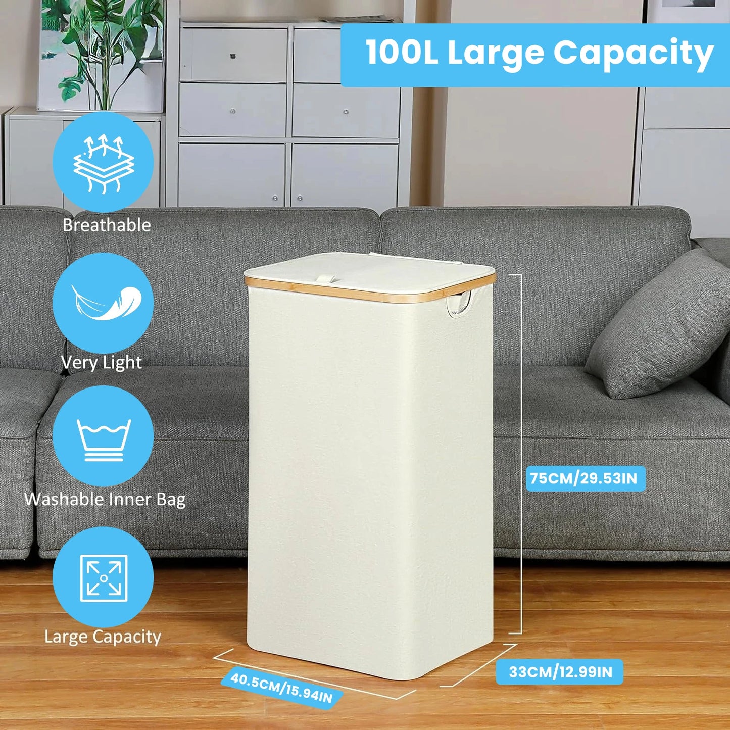 Laundry Baskets 100L, for Laundry With Removable and Washable Inner Bag, Slim Thin Laundry Basket With Lid and Bamboo Handle