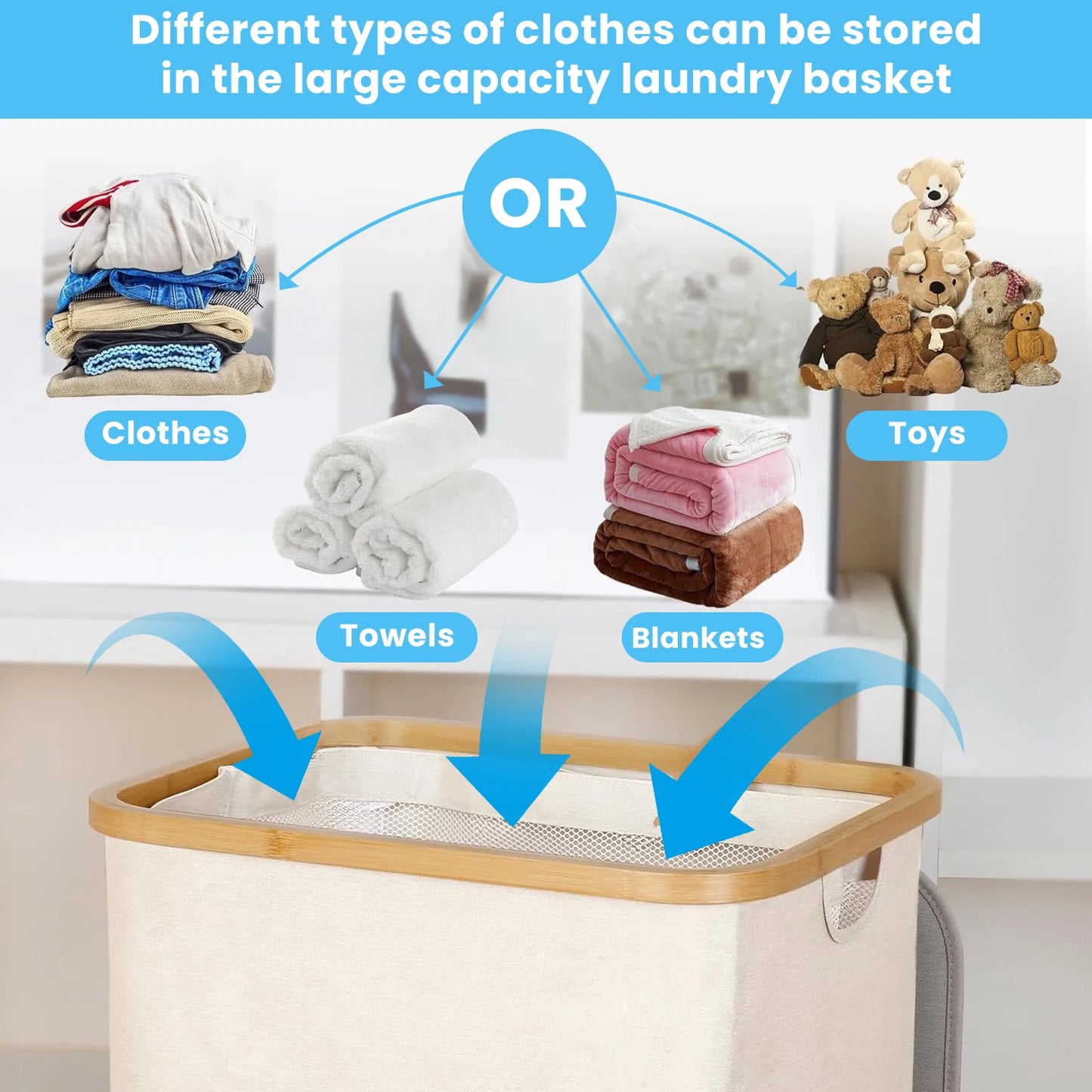 Laundry Baskets 100L, for Laundry With Removable and Washable Inner Bag, Slim Thin Laundry Basket With Lid and Bamboo Handle