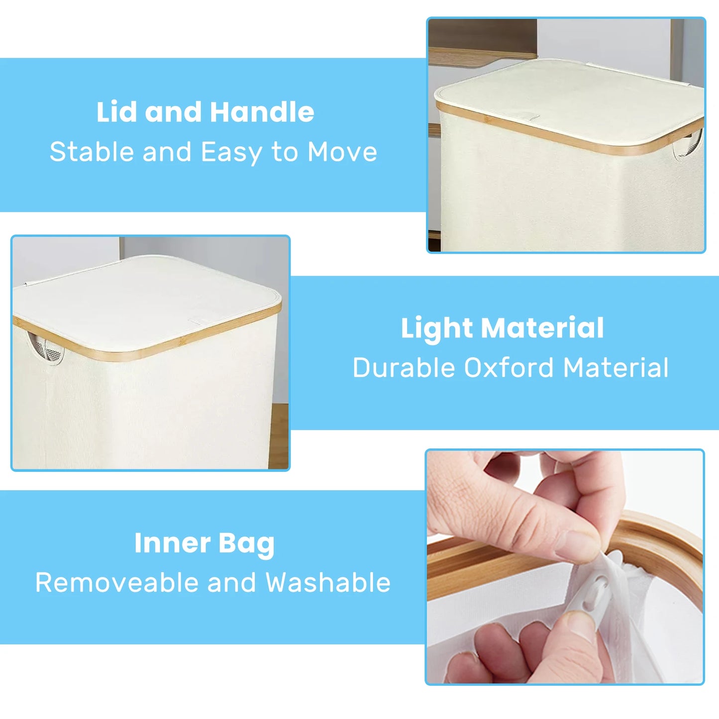 Laundry Baskets 100L, for Laundry With Removable and Washable Inner Bag, Slim Thin Laundry Basket With Lid and Bamboo Handle