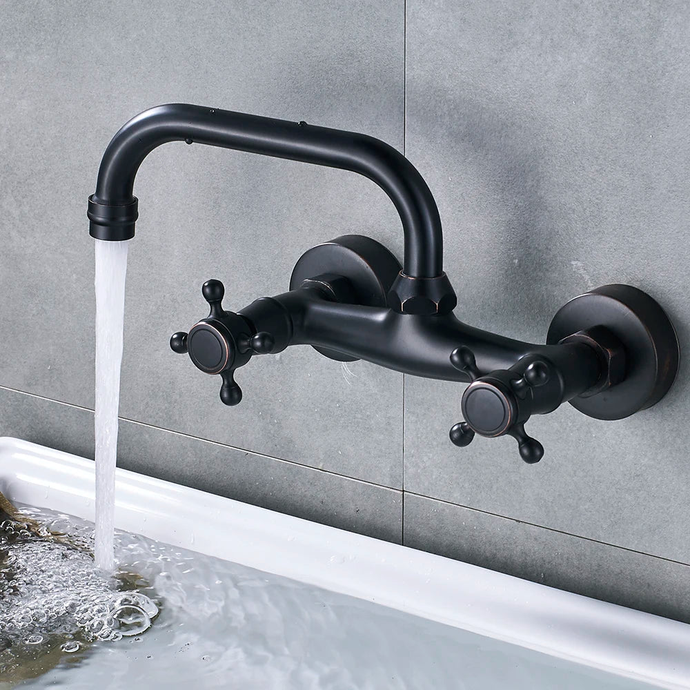 Antique Brass Basin Faucet Wall Mounted Bathroom Mixer Tap Hot Cold Sink Faucet 360 Rotation Spout ORB Black Kitchen Mixer Taps