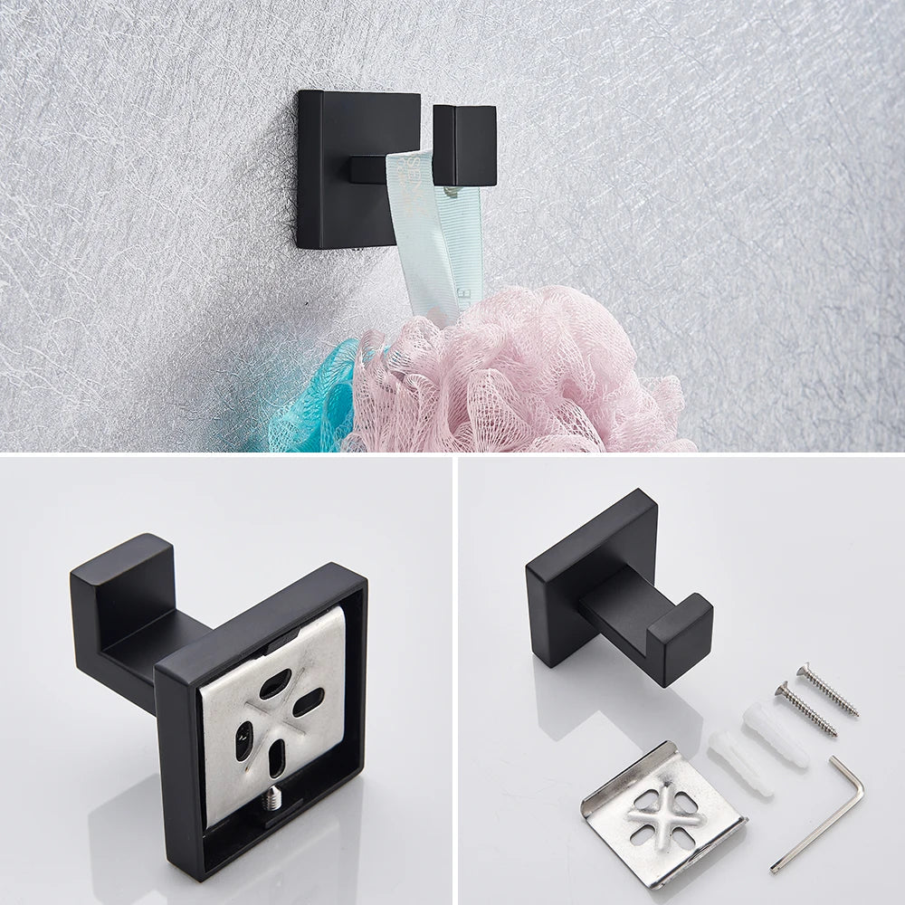 Bathroom Hardware Set Black Robe Hook Towel Rail Bar Shelf Tissue Paper Holder Wall Mounted Bathroom Accessories