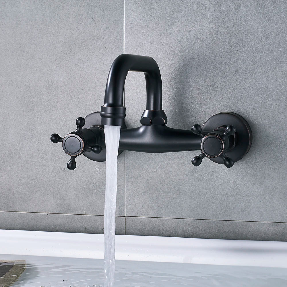 Antique Brass Basin Faucet Wall Mounted Bathroom Mixer Tap Hot Cold Sink Faucet 360 Rotation Spout ORB Black Kitchen Mixer Taps