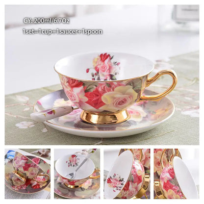 Europe Bone China Coffee Cup Saucer Spoon Set 200ml Luxury Ceramic Mug Top-grade Porcelain Tea Cup Cafe Teaware Party Drinkware