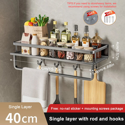 Wall-Mounted Kitchen Spice Rack Organizer Carbon Steel No Drilling 12-20 Inch Seasoning Holder Shelf for Easy Access to Spices