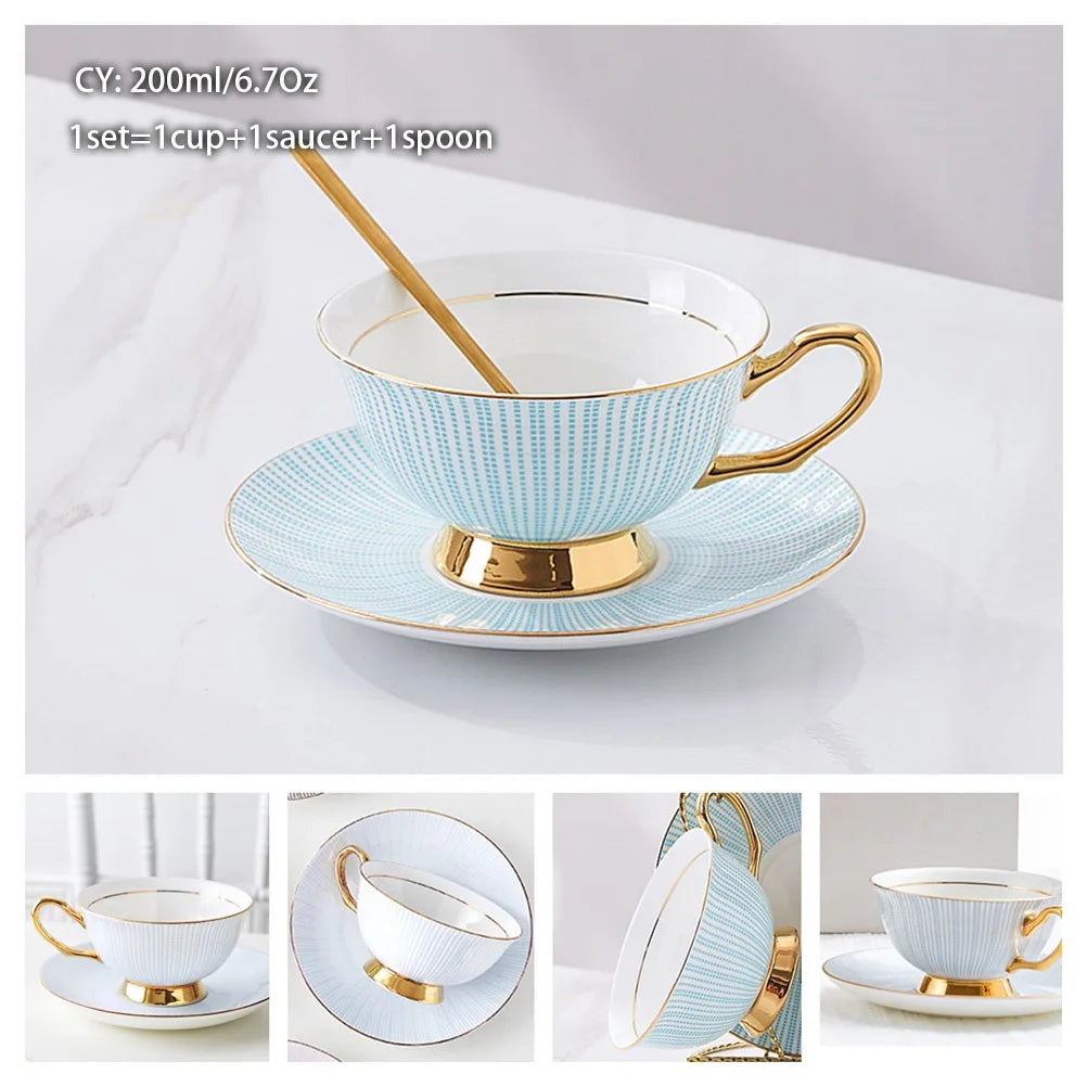 Europe Bone China Coffee Cup Saucer Spoon Set 200ml Luxury Ceramic Mug Top-grade Porcelain Tea Cup Cafe Teaware Party Drinkware