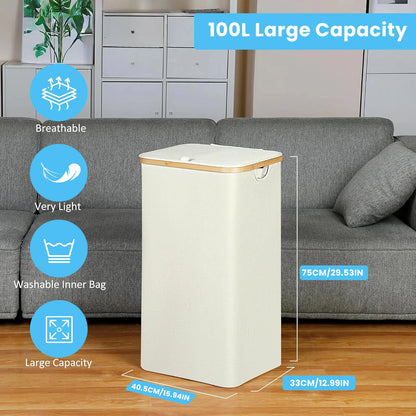Laundry Baskets 100L, for Laundry With Removable and Washable Inner Bag, Slim Thin Laundry Basket With Lid and Bamboo Handle